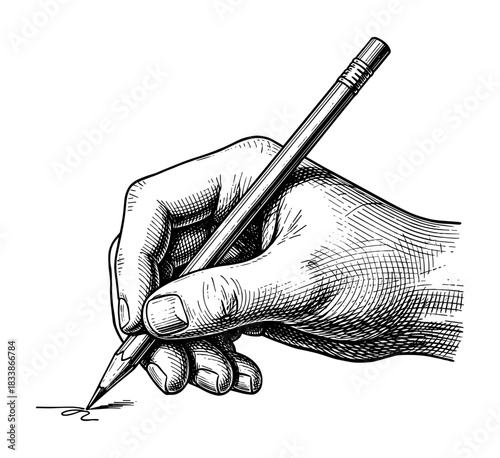 Hand writing with pencil in vintage engraving style