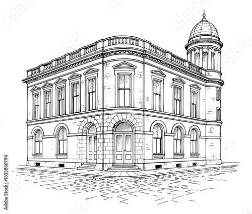 Line drawing of classical corner building
