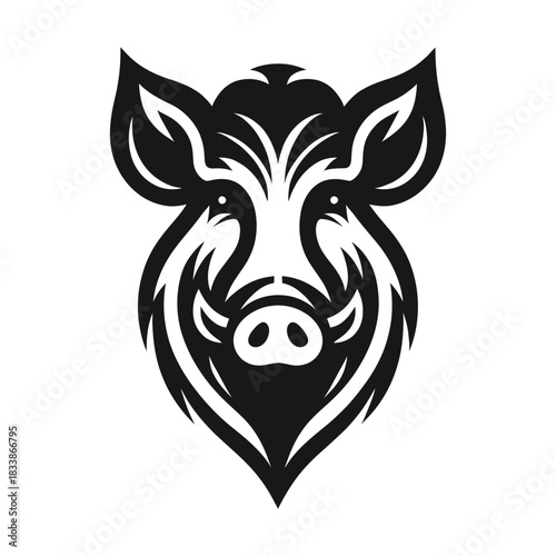 Bold wild boar head icon in black silhouette style, featuring tribal lines and strong animal expression, perfect for logo design, emblem, mascot, tattoo concept, or vector illustration