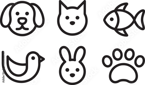Pets and animals icons set featuring dog cat fish bird rabbit and animal paw print
