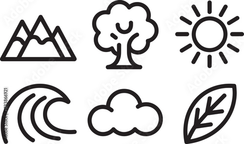 Set of black outline nature icons mountains happy tree sun wave cloud and leaf symbols collection