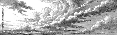 Dramatic cloudy sky in vintage engraving style