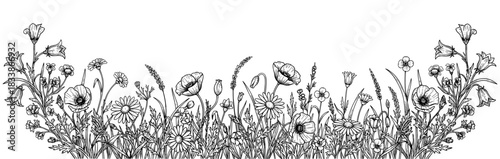 Vintage floral border with bellflowers and poppies