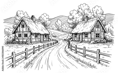 Vintage village scene with thatched roof houses