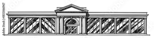 Line art illustration of classical building facade with pediment