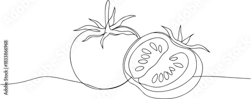 Single line drawing of a whole tomato and a sliced tomato