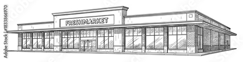 Line drawing of Freshmarket grocery store corner building