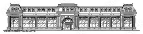 Line art of long building facade with mansard roof and windows