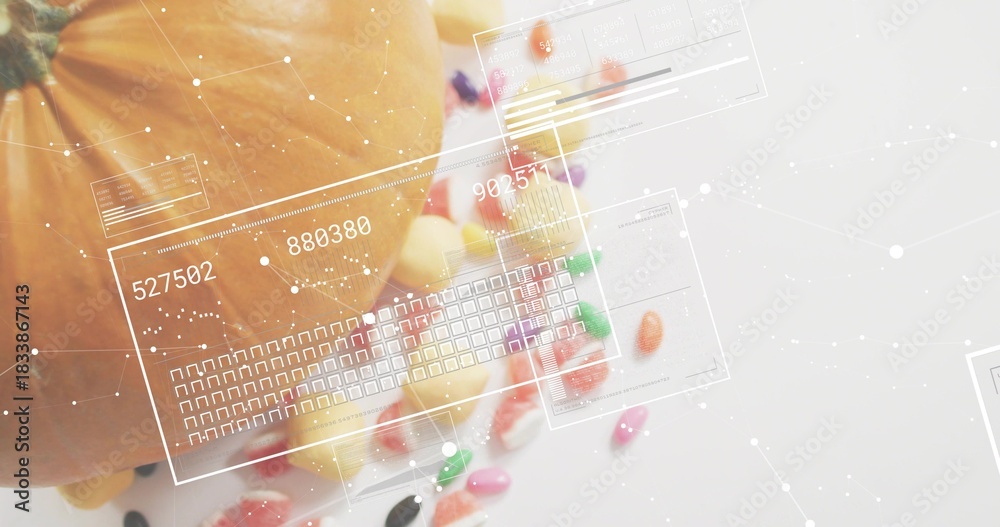 Fototapeta premium Showing partial pumpkin sitting left on white tabletop, with candies and HUD overlays, copy space