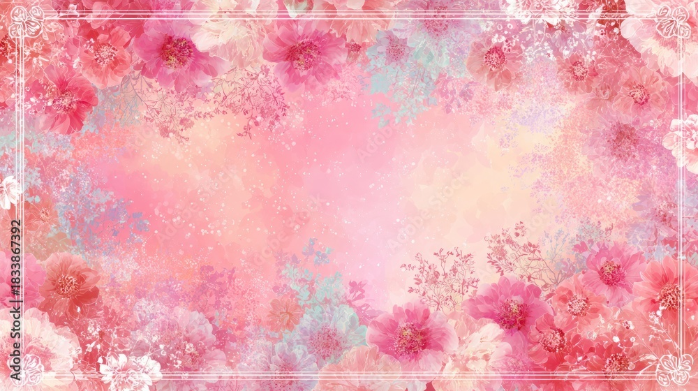 Fototapeta premium Watercolor floral border with soft pink and peach hues; empty center for design