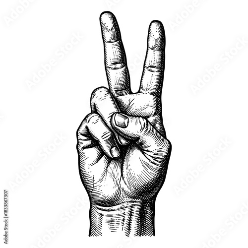 Hand showing peace sign in vintage engraving style