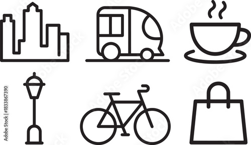 Urban leisure and transport line icons featuring city skyline camper van coffee street lamp bicycle and retail bag