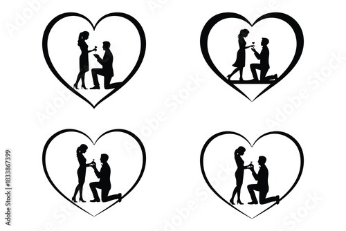 Four black silhouette proposals inside heart shapes