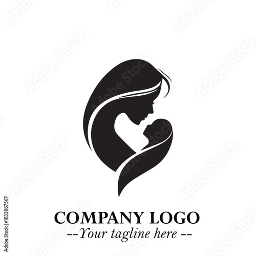 Mom and Baby Logo Symbol in Black on White Background for Gentle Minimalist Branding Design Art