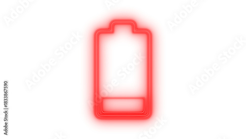 Low battery warning neon icon showing critical charge level for mobile devices power indication, glowing red color isolated on transparent background.