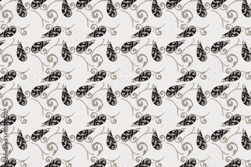 A refined and elegant paisley pattern featuring swirling gray and black motifs on a light background, excellent for sophisticated apparel upscale packaging design.