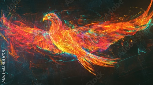 Abstract fiery phoenix soaring, vibrant colors, smoky background