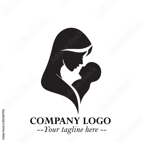 Mom and Baby Logo Symbol in Black on White Background for Gentle Minimalist Branding Design Art