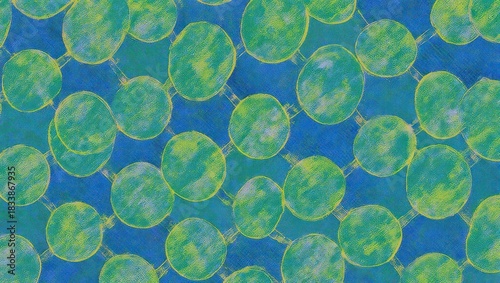 Abstract watercolor-like illustration of linked green circles on a blue background, textured