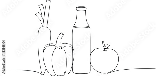 Single line drawing of carrot bell pepper bottle and apple