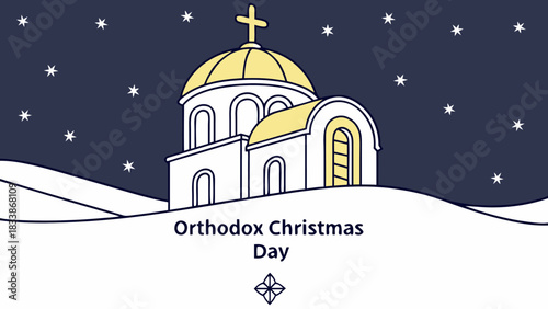  Orthodox Christmas Church in Winter Night Landscape Vector Illustration