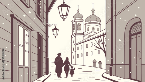  Winter Old Town Street with Cathedral and Falling Snow Vintage Illustration