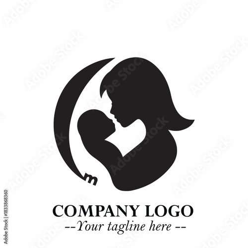 Mom and Baby Logo Symbol in Black on White Background for Gentle Minimalist Branding Design Art