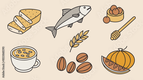  Traditional Holiday Food Icons Set with Fish Bread Nuts Pumpkin Vector