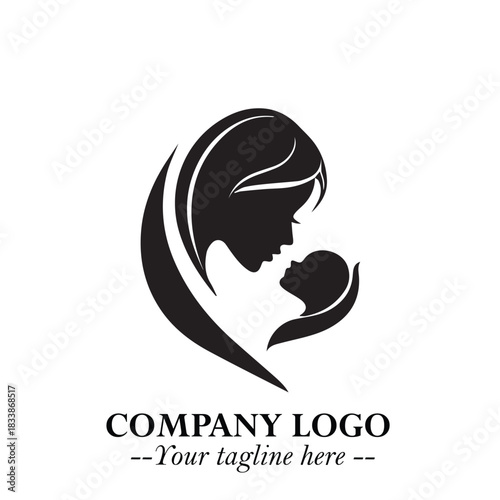 Mom and Baby Logo Symbol in Black on White Background for Gentle Minimalist Branding Design Art