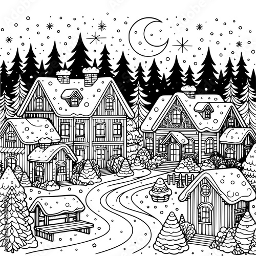 Winter Wonderland: A serene, monochrome illustration showcases a picturesque snow-covered village nestled amongst towering pine trees and gently falling snowflakes.