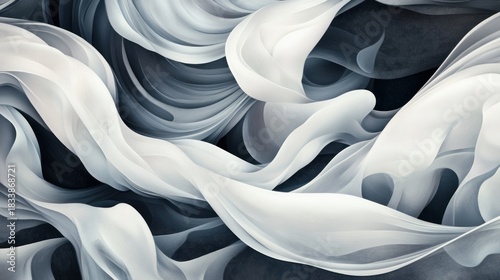 Abstract flowing fabric design, dynamic, dark, white and gray colors, artistic background, use as a backdrop