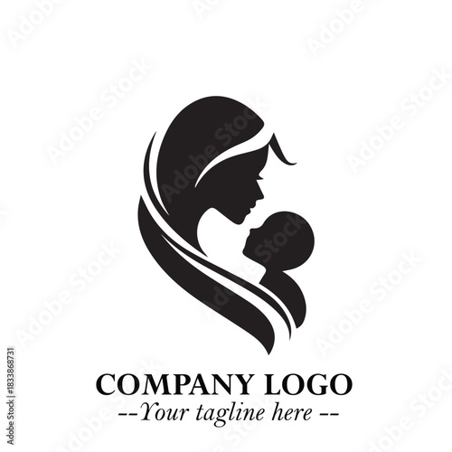 Mom and Baby Logo Symbol in Black on White Background for Gentle Minimalist Branding Design Art