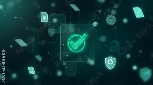 Digital concept of secure data verification and compliance with a glowing green checkmark icon in a futuristic network environment
