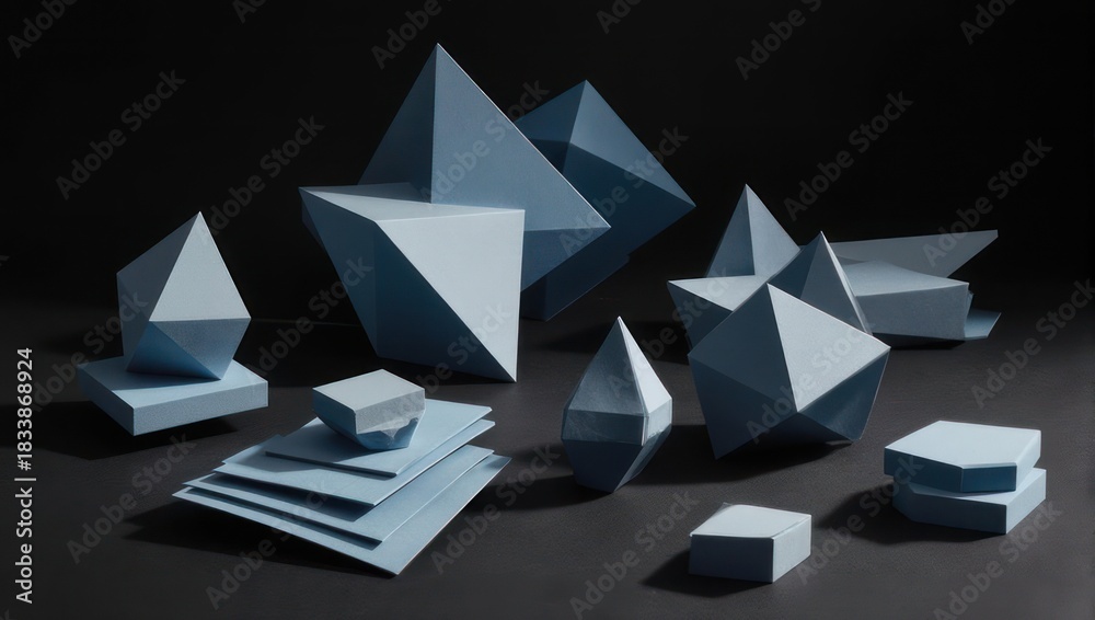 Fototapeta premium Geometric, blue paper shapes arranged against a dark backdrop, creating a still life
