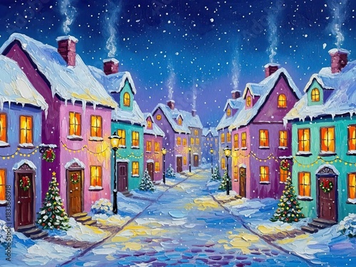 Winter Village Scene - A Colorful Christmas Night.