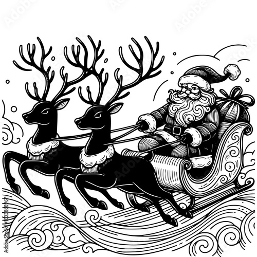 Santa's Christmas Journey: A heartwarming illustration captures the magic of Christmas, depicting the jolly Santa Claus on his sleigh, guided by reindeer across the winter sky. 