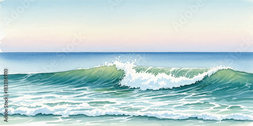 Watercolor painting of a large ocean wave crashing with sea foam for travel and summer vacation themes