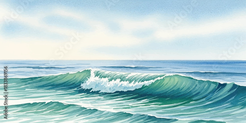 Watercolor painting of ocean waves a serene seascape with blue sky ideal for travel and relaxation themes