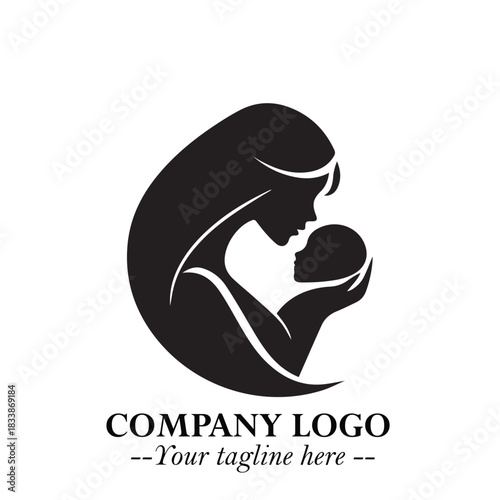 Mom and Baby Logo Symbol in Black on White Background for Gentle Minimalist Branding Design Art
