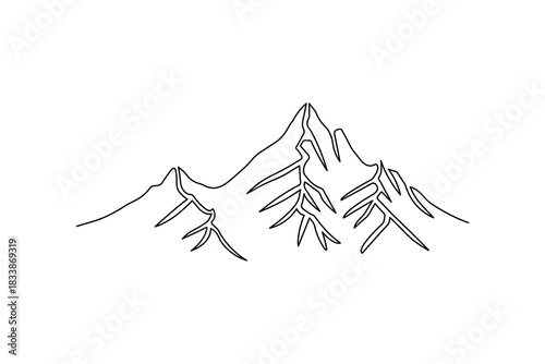 Outline drawing of majestic mountain range peaks with sparse trees, depicting nature's grandeur and adventure concept