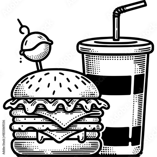 Burger and Soda Delights: A classic fast-food duo of a juicy burger, complete with all the fixings, and a refreshing soda, perfect for a quick, satisfying meal.