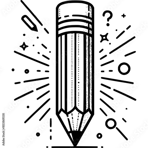 Creative Inspiration: A detailed pencil illustration radiating lines of artistic inspiration, symbols of creative sparks and ideas in motion.