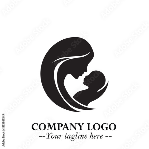 Mom and Baby Logo Symbol in Black on White Background for Gentle Minimalist Branding Design Art
