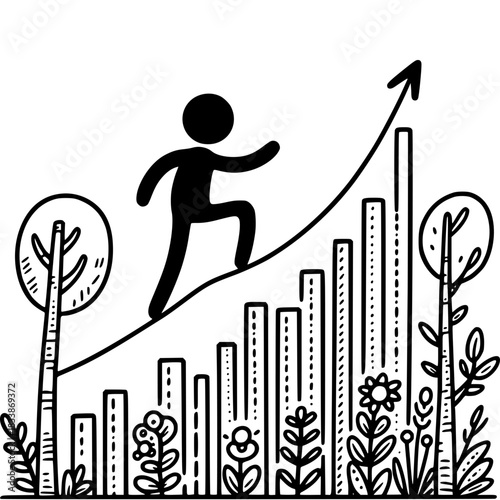 Striving for Growth: An illustration showcases a stick figure's determined ascent along an upward-trending graph, with trees, flowers, and bars of progress.