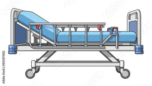 Hospital bed with blue mattress and movable frame on white background
