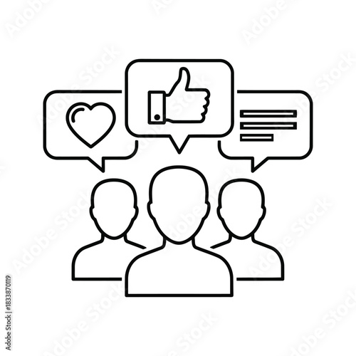 Line art icon representing social media engagement with three user silhouettes receiving like, heart, and comment feedback