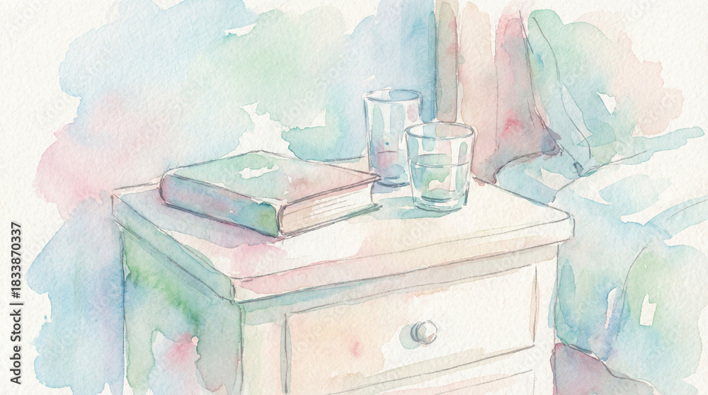 Fototapeta premium Watercolor bedside table with book and glasses in soft colors 