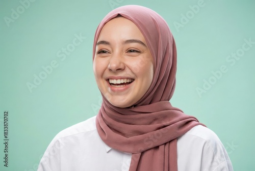 Young Muslim woman laughing with joy in studio portrait