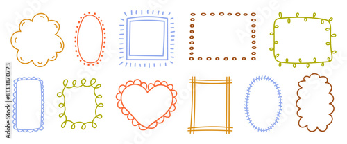 Set of vintage vertical hand drawn frames. Colorful wavy lines and curly borders for cards, posters, covers, banners or branding. Vector illustration