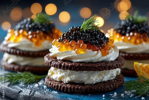 caviar on chocolate cookies with cream cheese, white background with bokeh lights